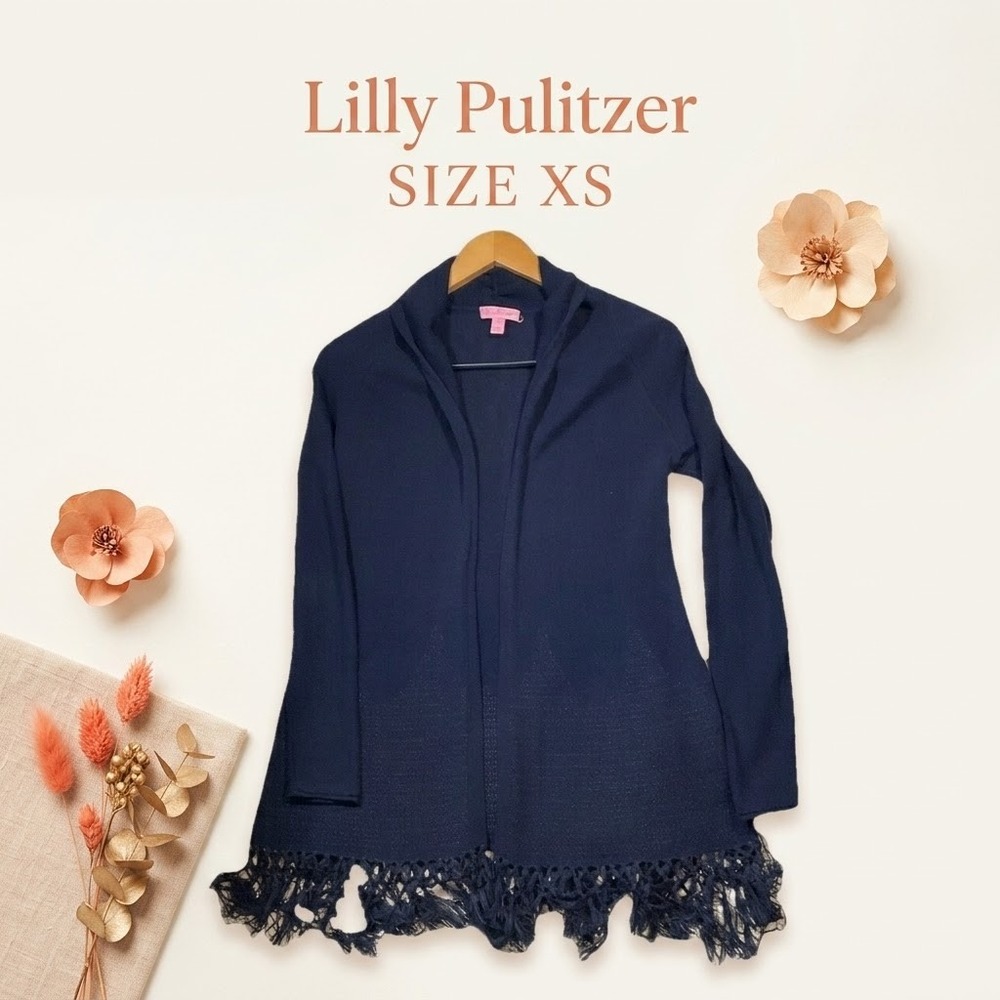 Lilly Pulitzer Harlyn Cotton Fringe Cardigan XS Navy Preppy Coastal